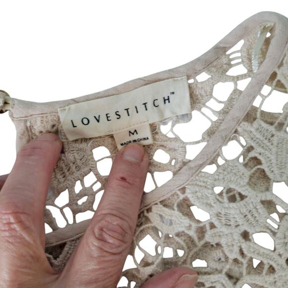 Boho Chic Tunic Blouse Crochet lace Taupe Love Stitch M Cottagecore Whimsy - Picture 11 of 15